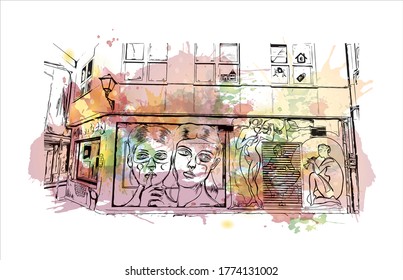 Building view with landmark of A Coruna is a port city on a promontory in the Galicia region of northwest Spain .Watercolor splash with hand drawn sketch illustration in vector.