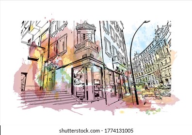 Building view with landmark of A Coruna is a port city on a promontory in the Galicia region of northwest Spain .Watercolor splash with hand drawn sketch illustration in vector.