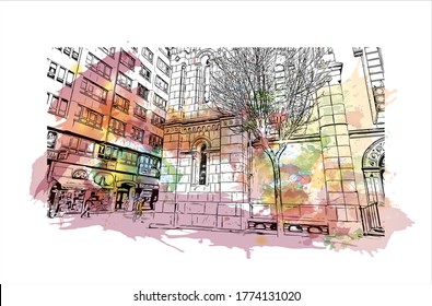 Building view with landmark of A Coruna is a port city on a promontory in the Galicia region of northwest Spain .Watercolor splash with hand drawn sketch illustration in vector.