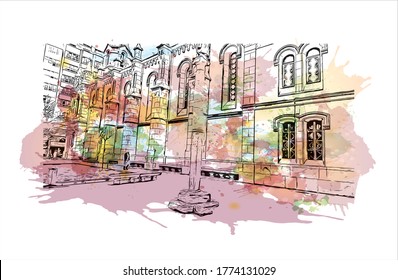Building view with landmark of A Coruna is a port city on a promontory in the Galicia region of northwest Spain .Watercolor splash with hand drawn sketch illustration in vector.