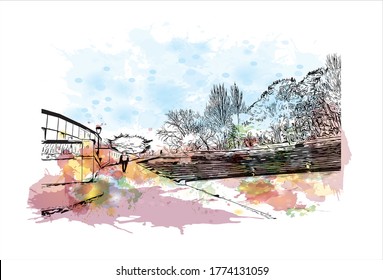 Building view with landmark of A Coruna is a port city on a promontory in the Galicia region of northwest Spain .Watercolor splash with hand drawn sketch illustration in vector.
