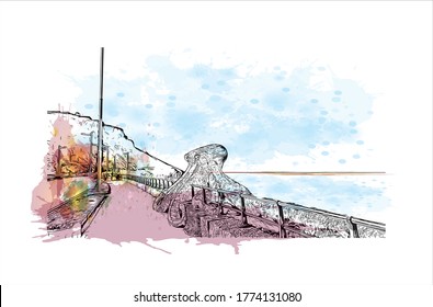Building view with landmark of A Coruna is a port city on a promontory in the Galicia region of northwest Spain .Watercolor splash with hand drawn sketch illustration in vector.