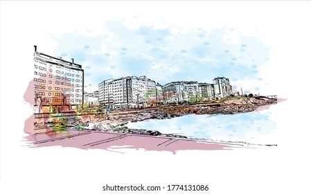 Building view with landmark of A Coruna is a port city on a promontory in the Galicia region of northwest Spain .Watercolor splash with hand drawn sketch illustration in vector.