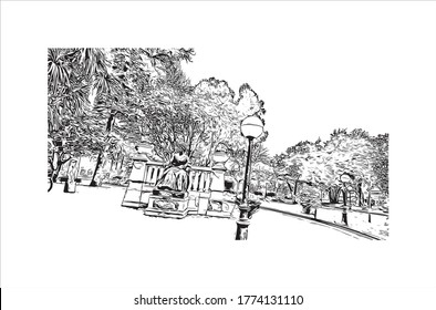 Building view with landmark of A Coruna is a port city on a promontory in the Galicia region of northwest Spain .hand drawn sketch illustration in vector.