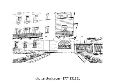 Building view with landmark of A Coruna is a port city on a promontory in the Galicia region of northwest Spain .hand drawn sketch illustration in vector.