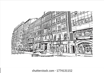 Building view with landmark of A Coruna is a port city on a promontory in the Galicia region of northwest Spain .hand drawn sketch illustration in vector.