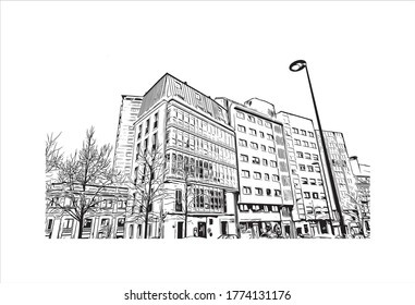 Building view with landmark of A Coruna is a port city on a promontory in the Galicia region of northwest Spain .hand drawn sketch illustration in vector.