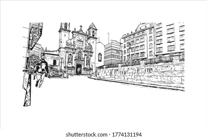 Building view with landmark of A Coruna is a port city on a promontory in the Galicia region of northwest Spain .hand drawn sketch illustration in vector.