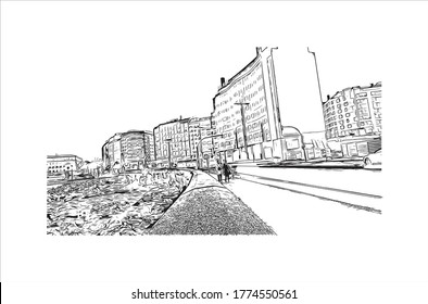 Building view with landmark of A Coruna is a port city on a promontory in the Galicia region of northwest Spain. Hand drawn sketch illustration in vector.