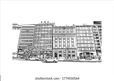 Building view with landmark of A Coruna is a port city on a promontory in the Galicia region of northwest Spain. Hand drawn sketch illustration in vector.