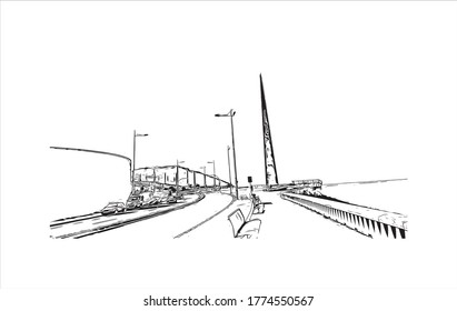 Building view with landmark of A Coruna is a port city on a promontory in the Galicia region of northwest Spain. Hand drawn sketch illustration in vector.