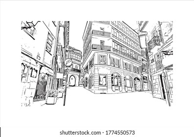 Building view with landmark of A Coruna is a port city on a promontory in the Galicia region of northwest Spain. Hand drawn sketch illustration in vector.