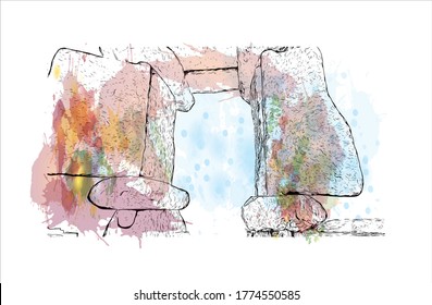 Building view with landmark of A Coruna is a port city on a promontory in the Galicia region of northwest Spain. Watercolor splash with.hand drawn sketch illustration in vector.