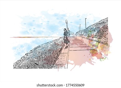 Building view with landmark of A Coruna is a port city on a promontory in the Galicia region of northwest Spain. Watercolor splash with.hand drawn sketch illustration in vector.