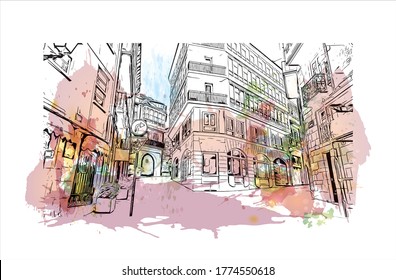 Building view with landmark of A Coruna is a port city on a promontory in the Galicia region of northwest Spain. Watercolor splash with.hand drawn sketch illustration in vector.