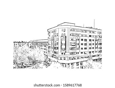 Building view with landmark of Craiova City in Valaquia. Hand drawn sketch illustration in vector.