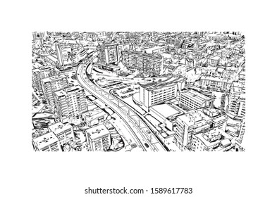 Building view with landmark of Craiova City in Valaquia. Hand drawn sketch illustration in vector.