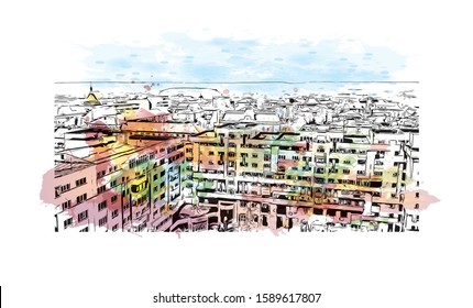 Building view with landmark of Craiova City in Valaquia. Watercolor splash with Hand drawn sketch illustration in vector.