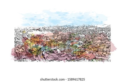Building view with landmark of Craiova City in Valaquia. Watercolor splash with Hand drawn sketch illustration in vector.