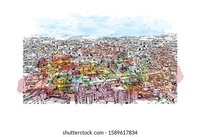 Building view with landmark of Craiova City in Valaquia. Watercolor splash with Hand drawn sketch illustration in vector.