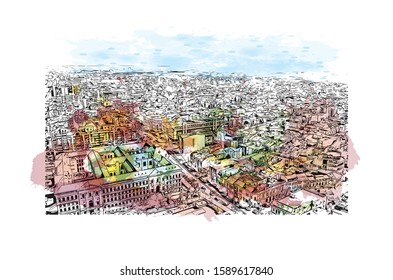 Building view with landmark of Craiova City in Valaquia. Watercolor splash with Hand drawn sketch illustration in vector.