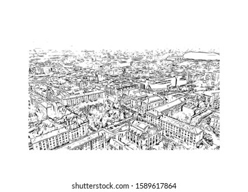 Building view with landmark of Craiova City in Valaquia. Hand drawn sketch illustration in vector.