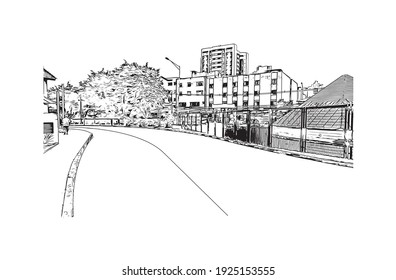 Building view with landmark of Criciuma is a city in the Brazil. Hand drawn sketch illustration in vector.