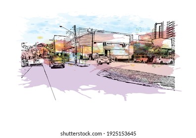 Der Blick auf den Bau mit Wahrzeichen von Cricium ist eine Stadt in Brasilien. Aquarellspritzer mit handgezeichneter Skizzengrafik in Vektorgrafik.
