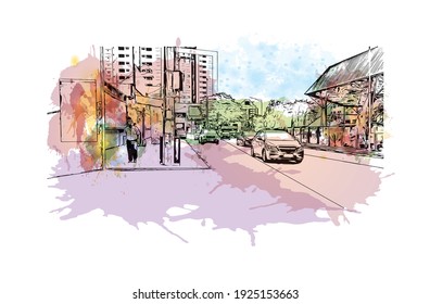 Construir vistas con un punto de referencia de Criciuma es una ciudad en Brasil. Salto de color de agua con ilustración de esbozo dibujada a mano en vector.
