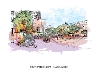 Der Blick auf den Bau mit Wahrzeichen von Cricium ist eine Stadt in Brasilien. Aquarellspritzer mit handgezeichneter Skizzengrafik in Vektorgrafik.