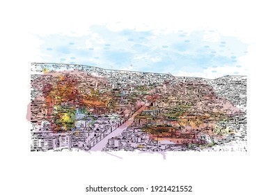 Building view with landmark of Cuenca is the
city in Ecuador. Watercolour splash with hand drawn sketch illustration in vector.