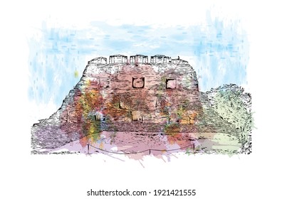 Las vistas al edificio con monumento de Cuenca son
ciudad de Ecuador. Salto de color de agua con ilustración de esbozo dibujada a mano en vector.