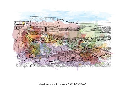 Building view with landmark of Cuenca is the
city in Ecuador. Watercolour splash with hand drawn sketch illustration in vector.