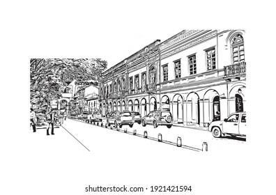 Building view with landmark of Cuenca is the
city in Ecuador. Hand drawn sketch illustration in vector.