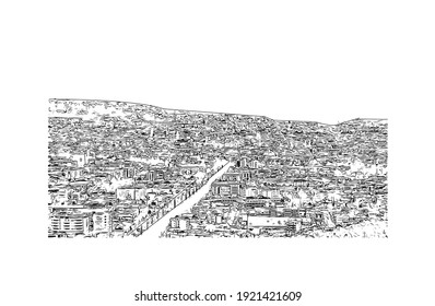 Building view with landmark of Cuenca is the
city in Ecuador. Hand drawn sketch illustration in vector.