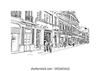 Building view with landmark of Cuenca is the
city in Ecuador. Hand drawn sketch illustration in vector.