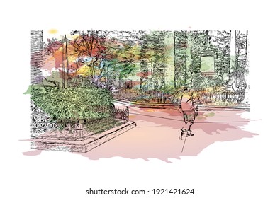 Las vistas al edificio con monumento de Cuenca son
ciudad de Ecuador. Salto de color de agua con ilustración de esbozo dibujada a mano en vector.