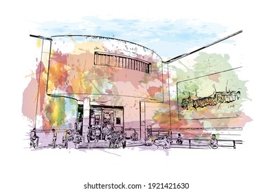 Building view with landmark of Cuenca is the
city in Ecuador. Watercolour splash with hand drawn sketch illustration in vector.