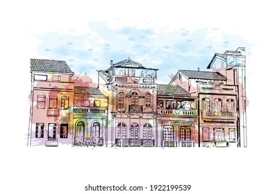 Building view with landmark of Cuenca is the
city in Ecuador. Watercolour splash with hand drawn sketch illustration in vector.