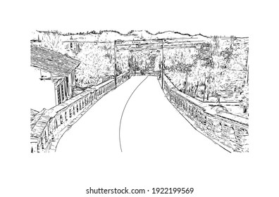 Building view with landmark of Cuenca is the
city in Ecuador. Hand drawn sketch illustration in vector.