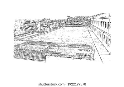 Building view with landmark of Cuenca is the
city in Ecuador. Hand drawn sketch illustration in vector.
