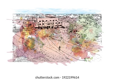 Building view with landmark of Cuenca is the
city in Ecuador. Watercolour splash with hand drawn sketch illustration in vector.