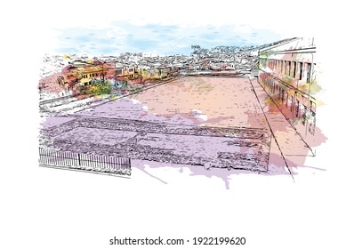 Las vistas al edificio con monumento de Cuenca son
ciudad de Ecuador. Salto de color de agua con ilustración de esbozo dibujada a mano en vector.