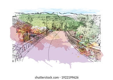 Building view with landmark of Cuenca is the
city in Ecuador. Watercolour splash with hand drawn sketch illustration in vector.