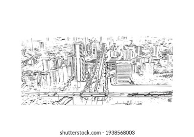 Building view with landmark of Cuiaba is the 
city in Brazil. Hand drawn sketch illustration in vector.