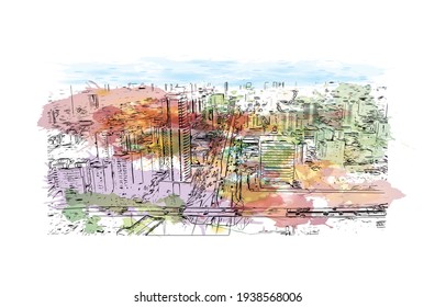 Building view with landmark of Cuiaba is the 
city in Brazil. Watercolour splash with hand drawn sketch illustration in vector.