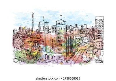 Building view with landmark of Cuiaba is the 
city in Brazil. Watercolour splash with hand drawn sketch illustration in vector.