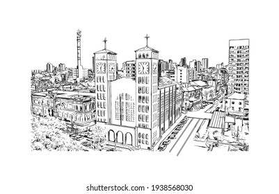 Building view with landmark of Cuiaba is the 
city in Brazil. Hand drawn sketch illustration in vector.