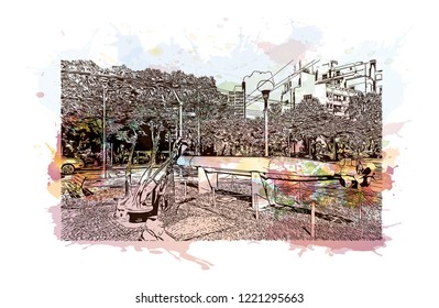 Building view with landmark of Curitiba is the capital of the southern Brazilian state of Parana. Watercolor splash with Hand drawn sketch illustration in vector.