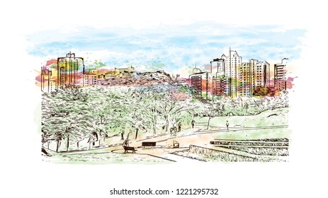 Building view with landmark of Curitiba is the capital of the southern Brazilian state of Parana. Watercolor splash with Hand drawn sketch illustration in vector.